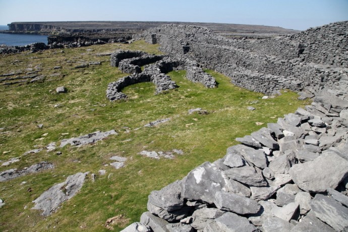 Inis Mor.  Black Fort showing walls of medieval houses